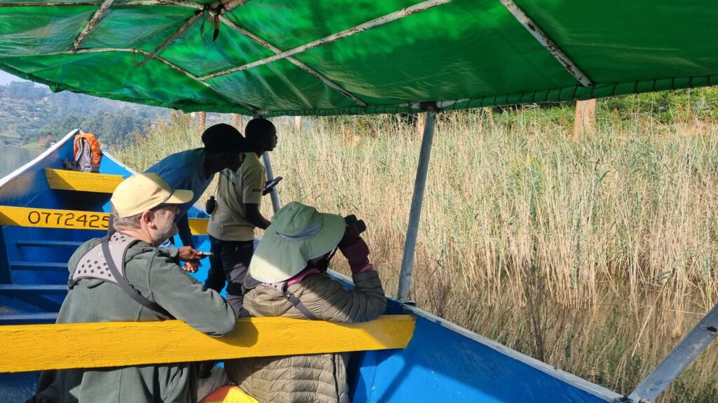 Birdwatchers spotting rare species from a boat on Lake Bunyonyi